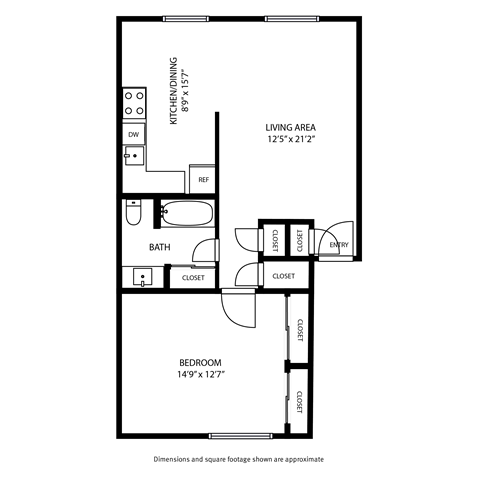Floor plan for 1 bed, 1 bath, 720 sqft