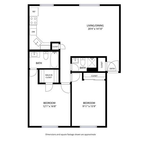 Floor plan for 2 beds, 2 baths, 950 sqft