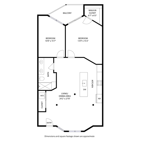 Floor plan for 2 beds, 1 bath, 1067 sqft