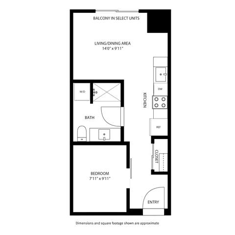 Floor plan for 1 bed, 1 bath, 460 sqft