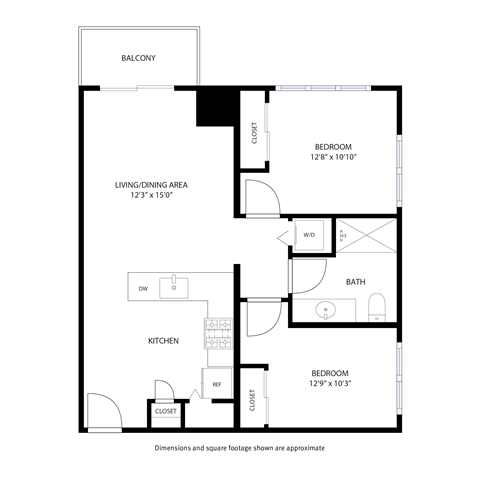 Floor plan for 2 beds, 1 bath, 783 sqft