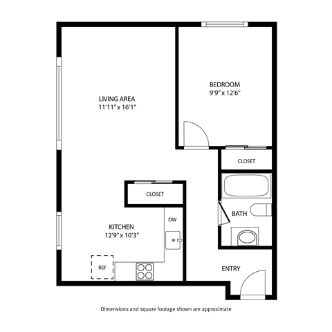 Floor plan for 1 bed, 1 bath, 650 sqft