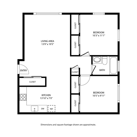 Floor plan for 2 beds, 1 bath, 750 sqft