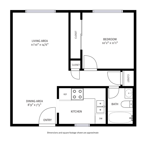 Floor plan for 1 bed, 1 bath, 600 sqft