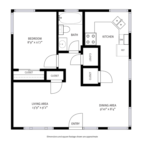 Floor plan for 1 bed, 1 bath, 625 sqft