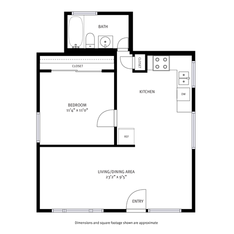 Floor plan for 1 bed, 1 bath, 675 sqft