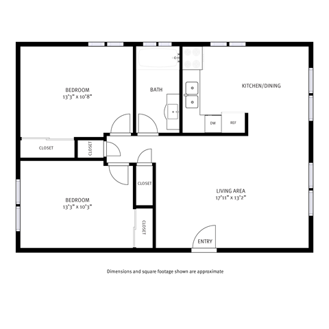 Floor plan for 2 beds, 1 bath, 810 sqft