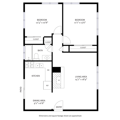 Floor plan for 2 beds, 1 bath, 850 sqft