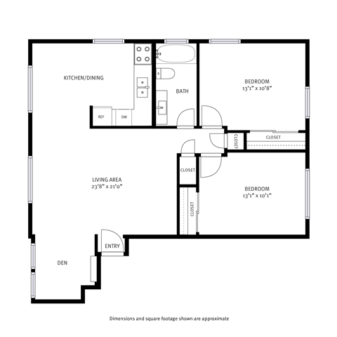 Floor plan for 2 beds, 1 bath, 900 sqft