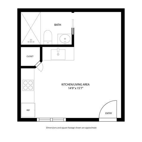 Floor plan for studio, 1 bath, 229 sqft