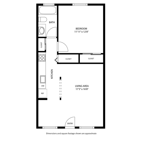 Floor plan for 1 bed, 1 bath, 600 sqft