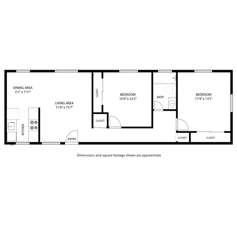 Floor plan for 2 beds, 1 bath, 745 sqft