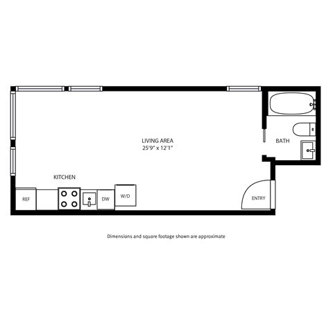 Floor plan for studio, 1 bath, 375 sqft