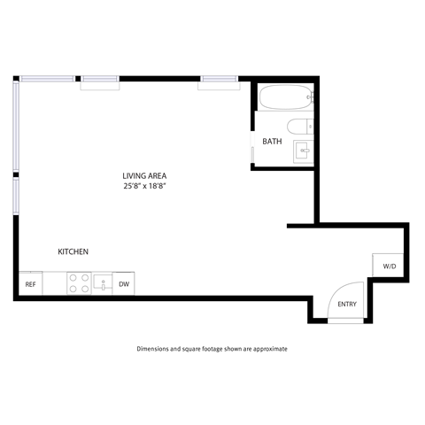 Floor plan for studio, 1 bath, 569 sqft