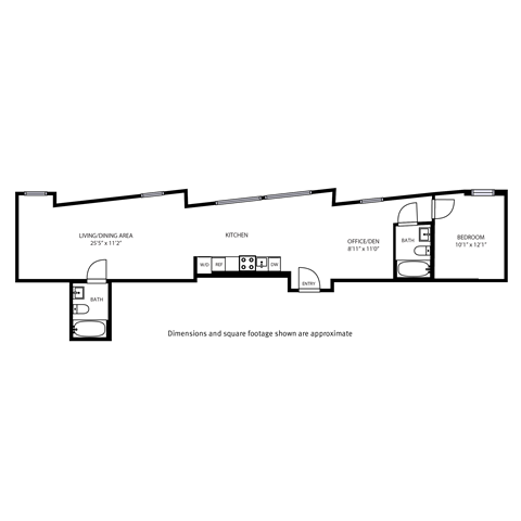Floor plan for 1 bed, 2 baths, 906 sqft