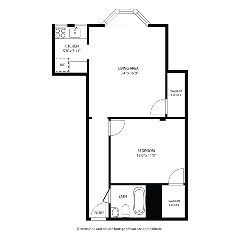 Floor plan for 1 bed, 1 bath, 600 sqft