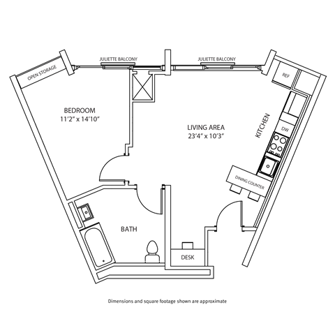 Floor plan for 1 bed, 1 bath, 674 sqft