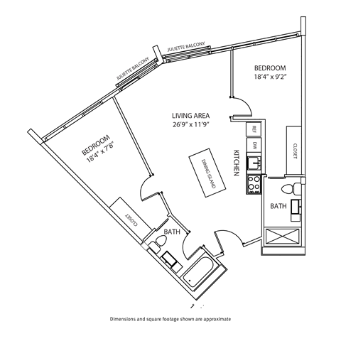 Floor plan for 2 beds, 2 baths, 820 sqft