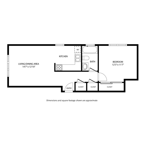 Floor plan for 1 bed, 1 bath, 625 sqft
