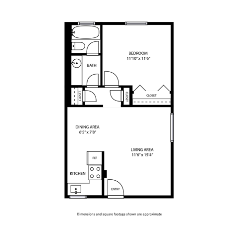 Floor plan for 1 bed, 1 bath, 620 sqft