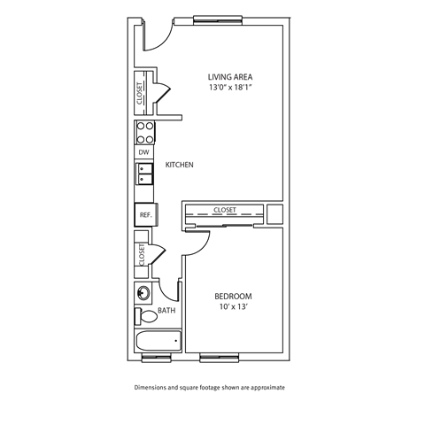 Floor plan for 1 bed, 1 bath, 566 sqft