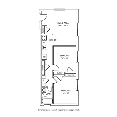 Floor plan for 2 beds, 1 bath, 730 sqft