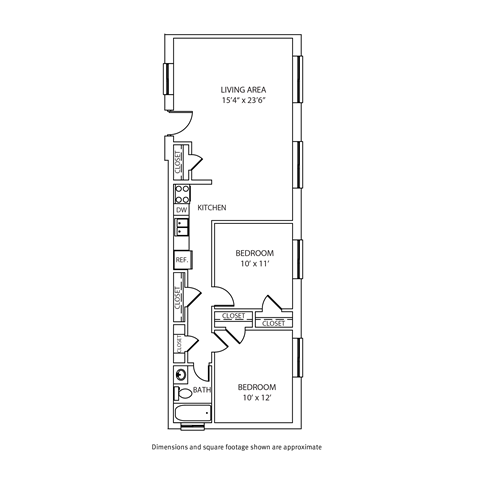 Floor plan for 2 beds, 1 bath, 861 sqft