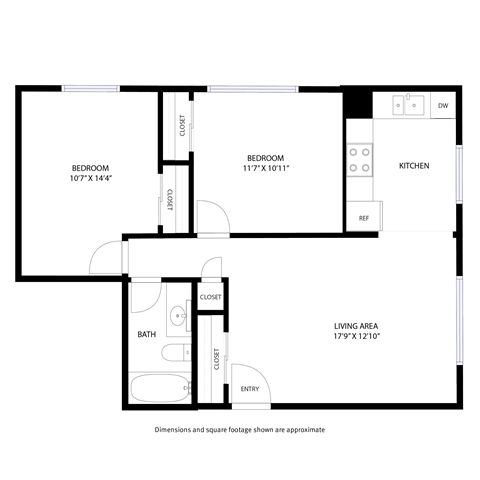 Floor plan for 2 beds, 1 bath, 850 sqft