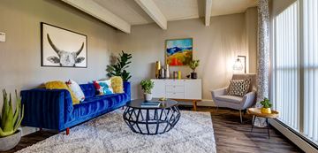 Denver apartment for rent - A living room with a blue couch and a painting on the wall.