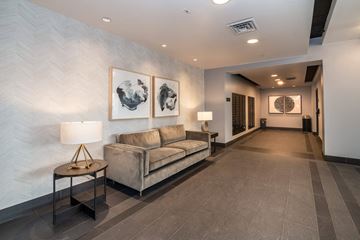 Denver apartment for rent - A living room with a grey sofa and a table with a lamp on it.