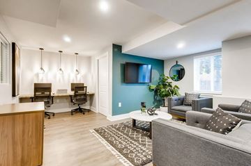 Northglenn apartment for rent - A modern living room with a grey couch and a blue accent wall.