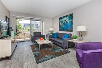 Denver apartment for rent - A living room with a purple chair and a grey couch.