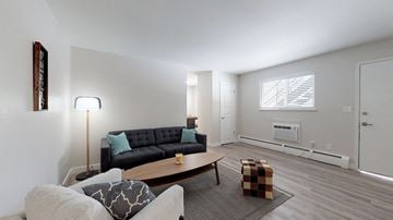 Englewood apartment for rent - A living room with a black couch and a grey ottoman.