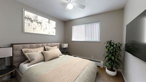 Westminster apartment for rent - A bedroom with a bed, a plant, and a painting on the wall.