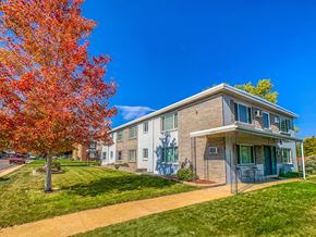 Lakewood apartment for rent - A tree with red leaves is in front of a building.