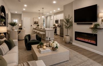 Strongsville apartment for rent - A modern living room with a fireplace and a television mounted on the wall.