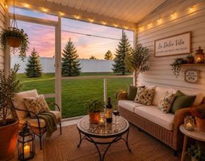 Brimfield apartment for rent - A cozy outdoor patio with a couch, table, and a view of the lawn and trees.