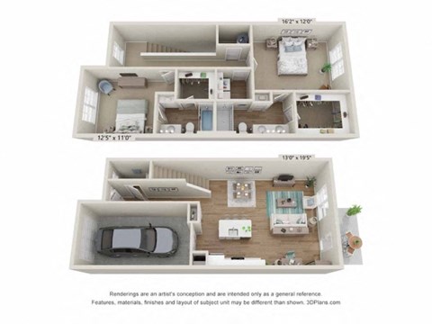 Floor plan for 2 beds, 2.5 baths, 1564 sqft