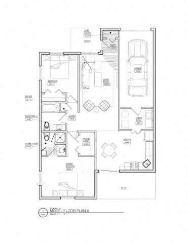 Floor plan for 2 beds, 2 baths, 1075 sqft