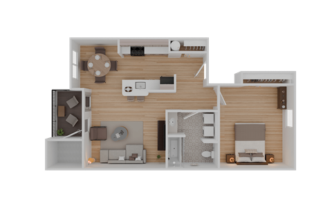 Floor plan for 1 bed, 1 bath, 728 sqft