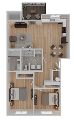 Floor plan for 2 beds, 2 baths, 923 sqft