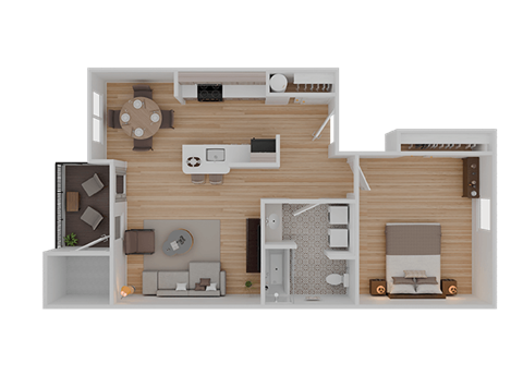 Floor plan for 1 bed, 1 bath, 728 sqft