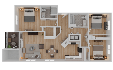 Floor plan for 3 beds, 2 baths, 1204 sqft