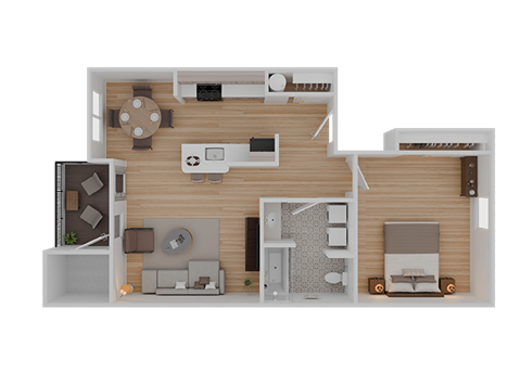 Floor plan for 1 bed, 1 bath, 728 sqft