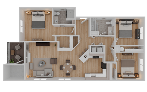 Floor plan for 3 beds, 2 baths, 1204 sqft