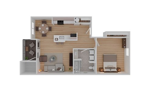 Floor plan for 1 bed, 1 bath, 728 sqft