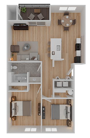 Floor plan for 2 beds, 1 bath, 844 sqft