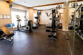 West Lafayette apartment for rent - A spacious gym with a variety of equipment including a treadmill, weights, and a bench press.