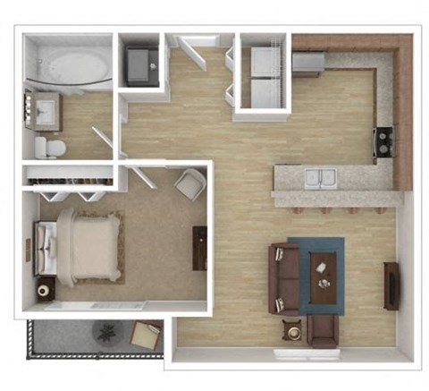 Floor plan for 1 bed, 1 bath, 750 sqft