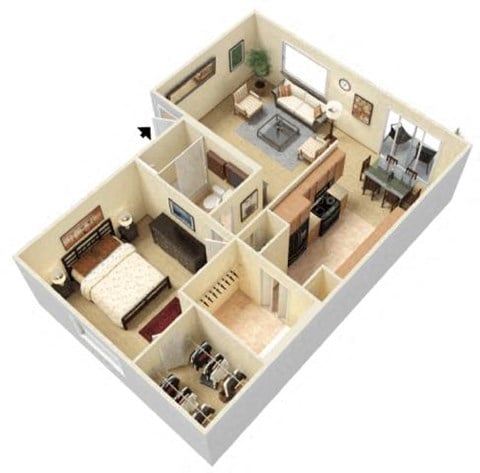 Floor plan for 1 bed, 1 bath, 749 sqft